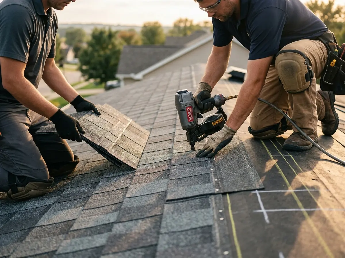 Professional roofer working on a residential roof in Bradford